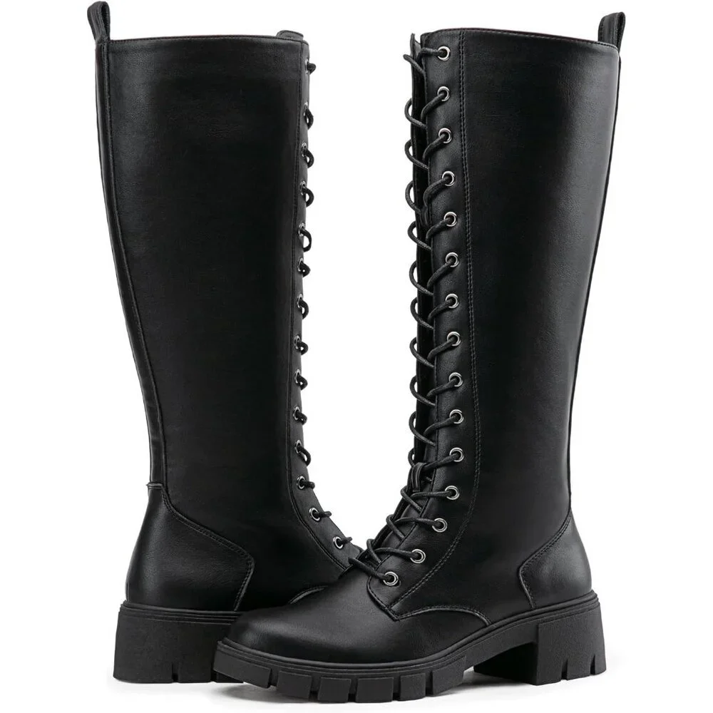 Women's Black Pu 953 Chunky Platform Heel Lace Gothic Knee High Combat Boots